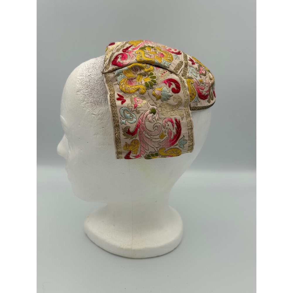 Vintage Jo Bailey Hats Embroidered Floral Pillbox Fascinator Gold Metallic Pink - Picture 3 of 13